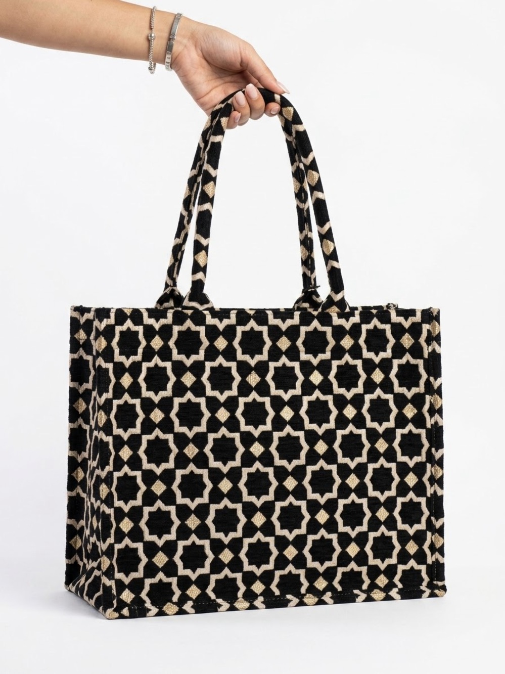 Black & Cream Geometric Tote Bag - Unbranded
